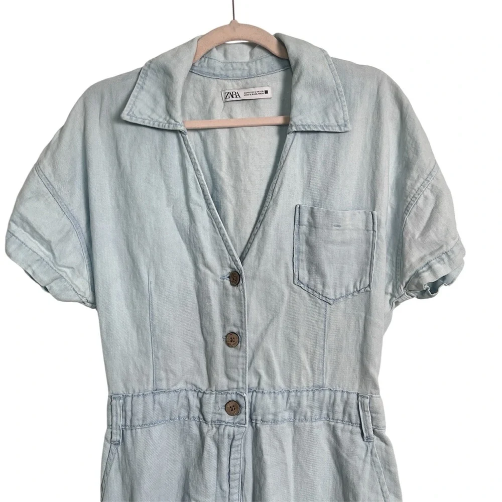 Zara Women’s Blue Denim Cotton‎ Linen Blend Jumpsuit Size Medium